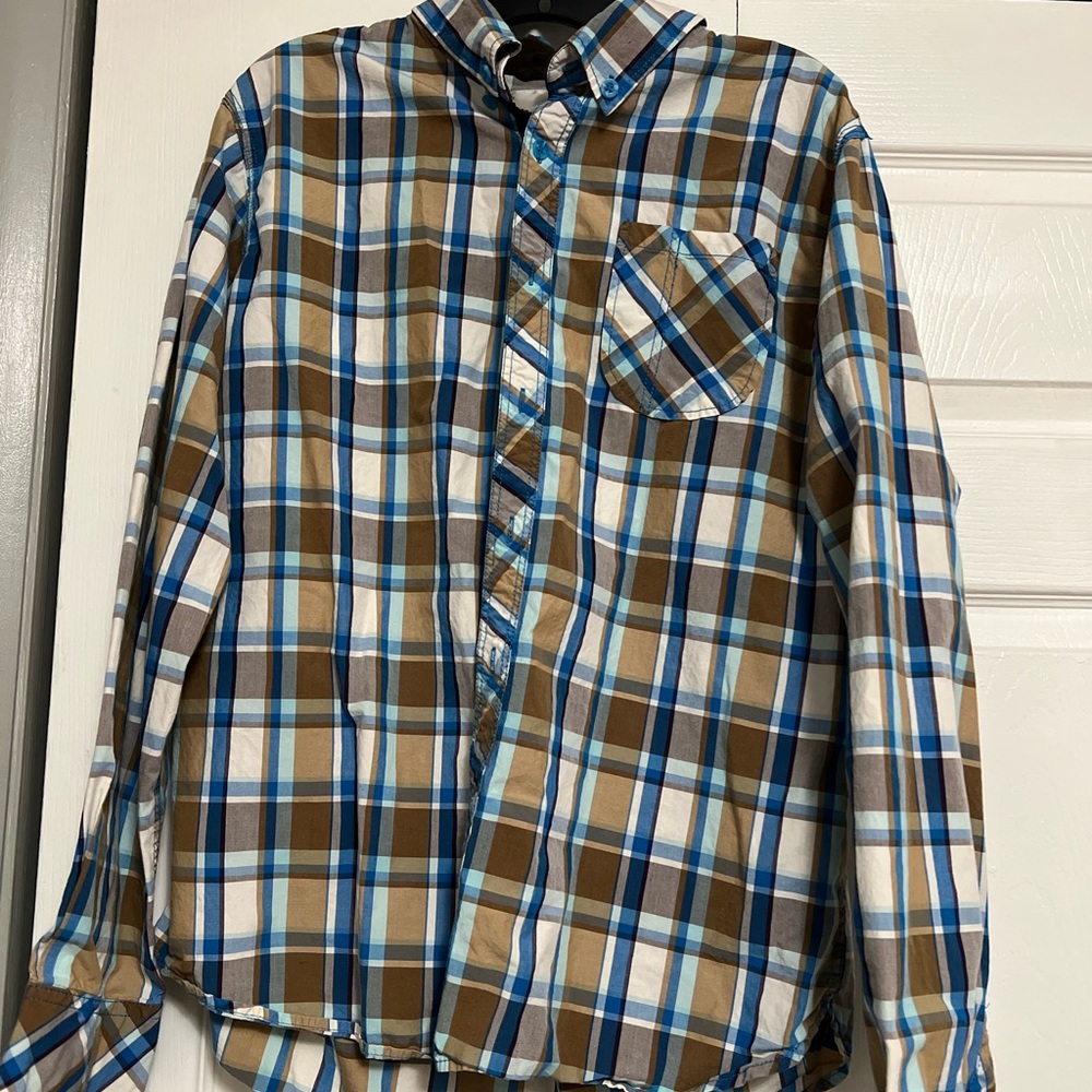 Men's Blue and Brown Plaid Shirt